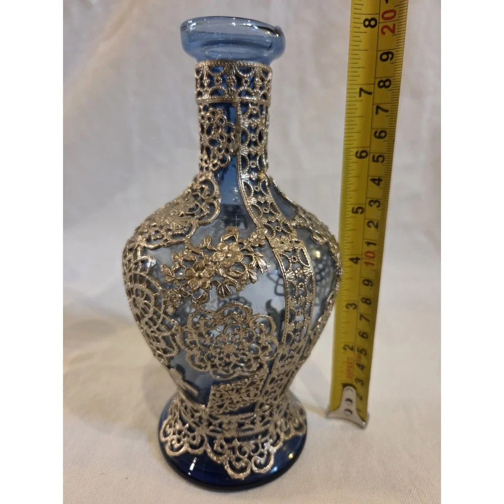 Cobalt Blue Glass Decorative Bottle Vase Gold Tone Filigree Floral 8